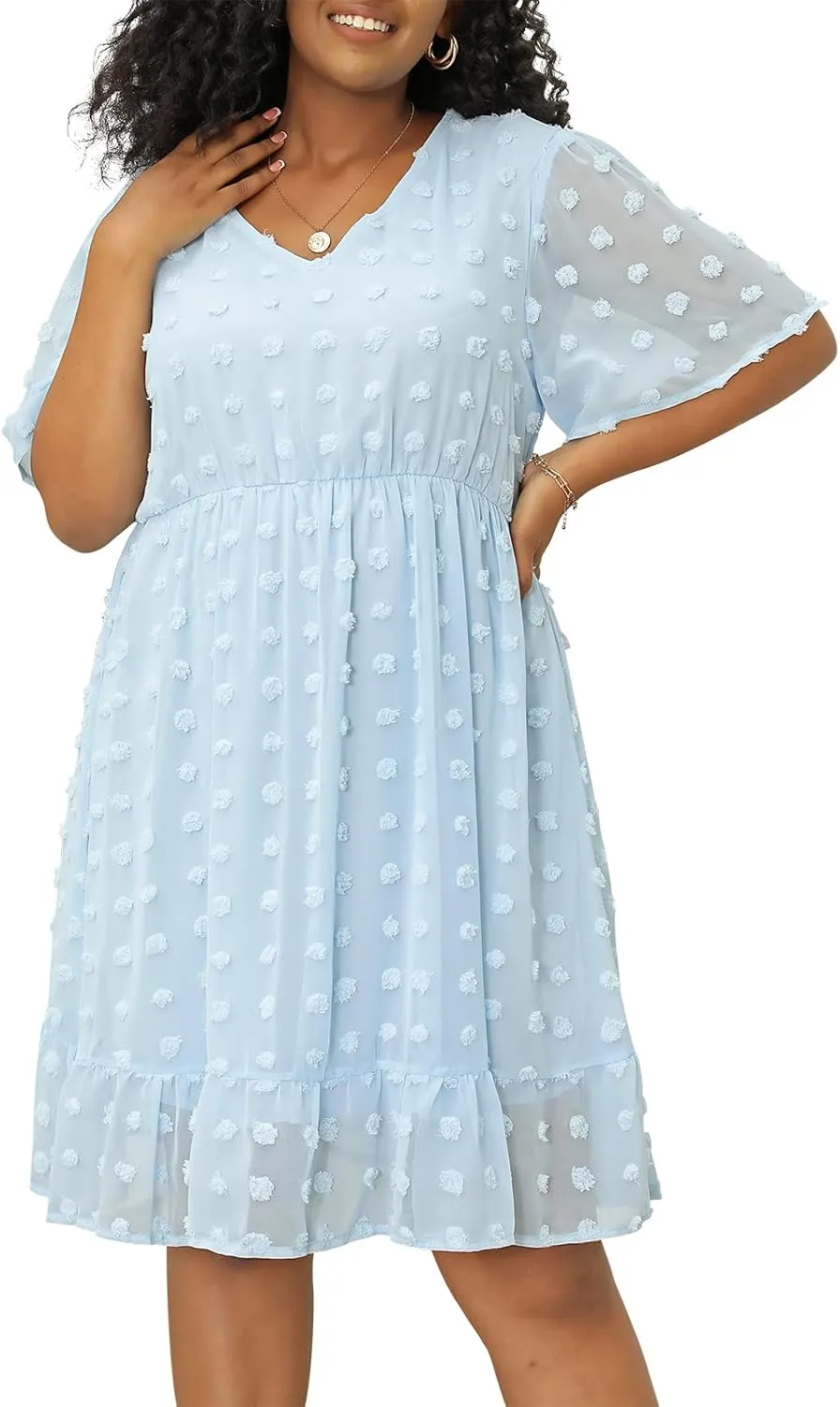 Keluummi Plus Size Wedding Guest Casual Midi Dresses for Curvy Women, Summer Swiss Dot A Line Dress