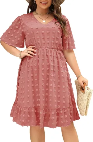 Keluummi Plus Size Wedding Guest Casual Midi Dresses for Curvy Women, Summer Swiss Dot A Line Dress
