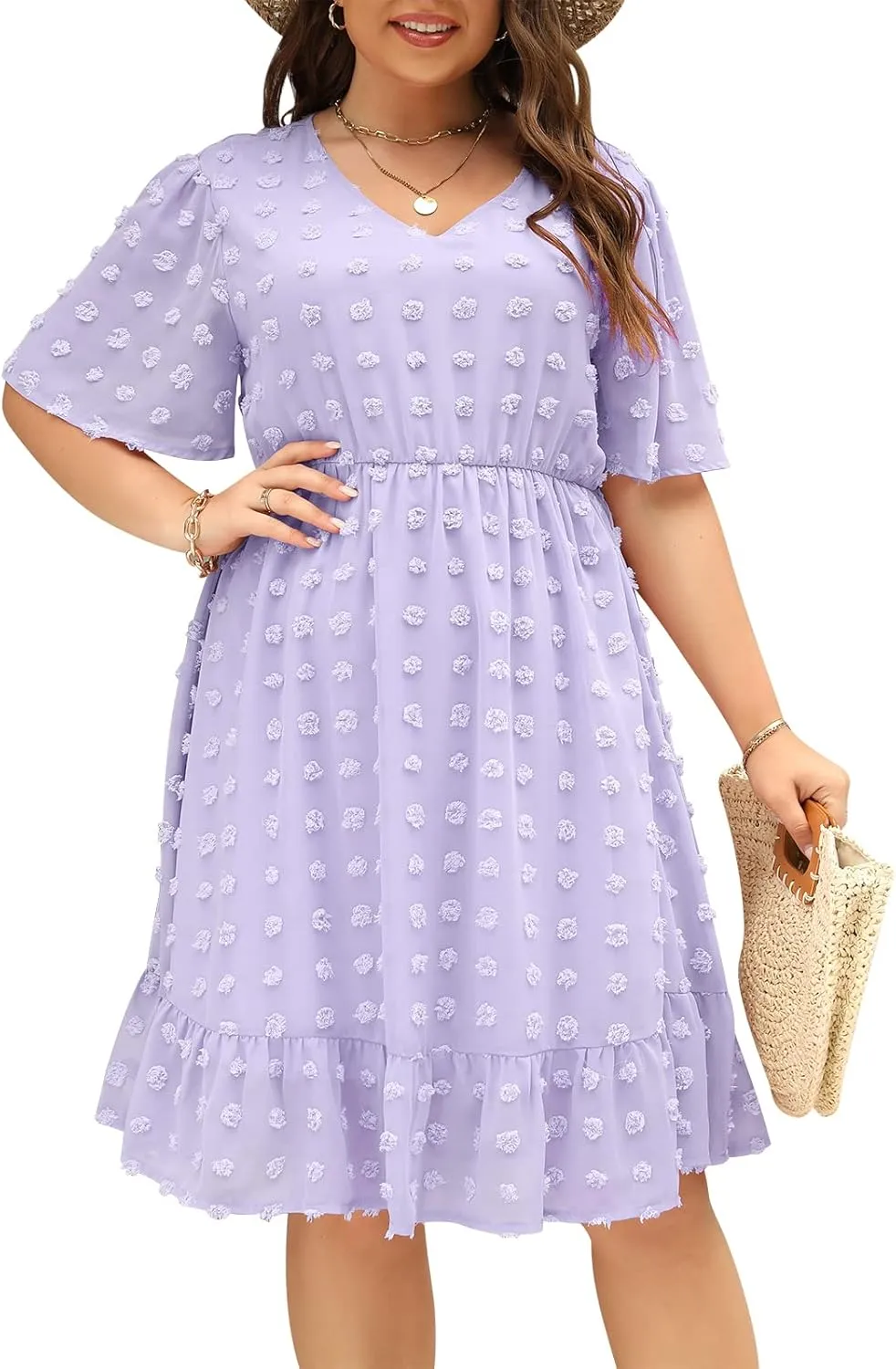 Keluummi Plus Size Wedding Guest Casual Midi Dresses for Curvy Women, Summer Swiss Dot A Line Dress