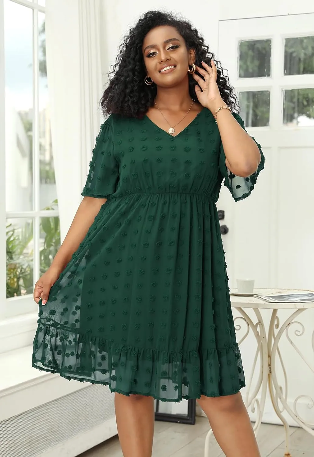 Keluummi Plus Size Wedding Guest Casual Midi Dresses for Curvy Women, Summer Swiss Dot A Line Dress