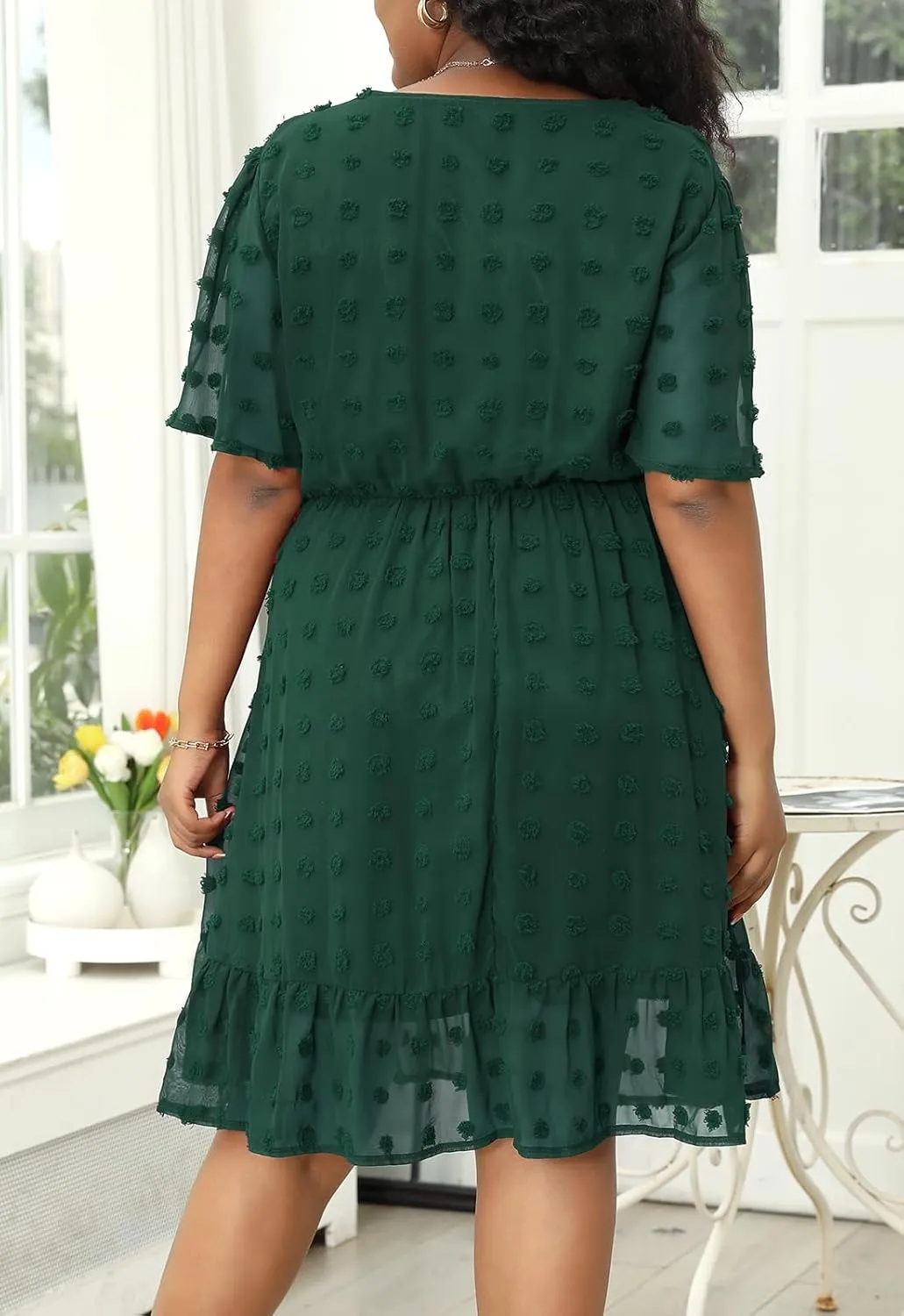 Keluummi Plus Size Wedding Guest Casual Midi Dresses for Curvy Women, Summer Swiss Dot A Line Dress