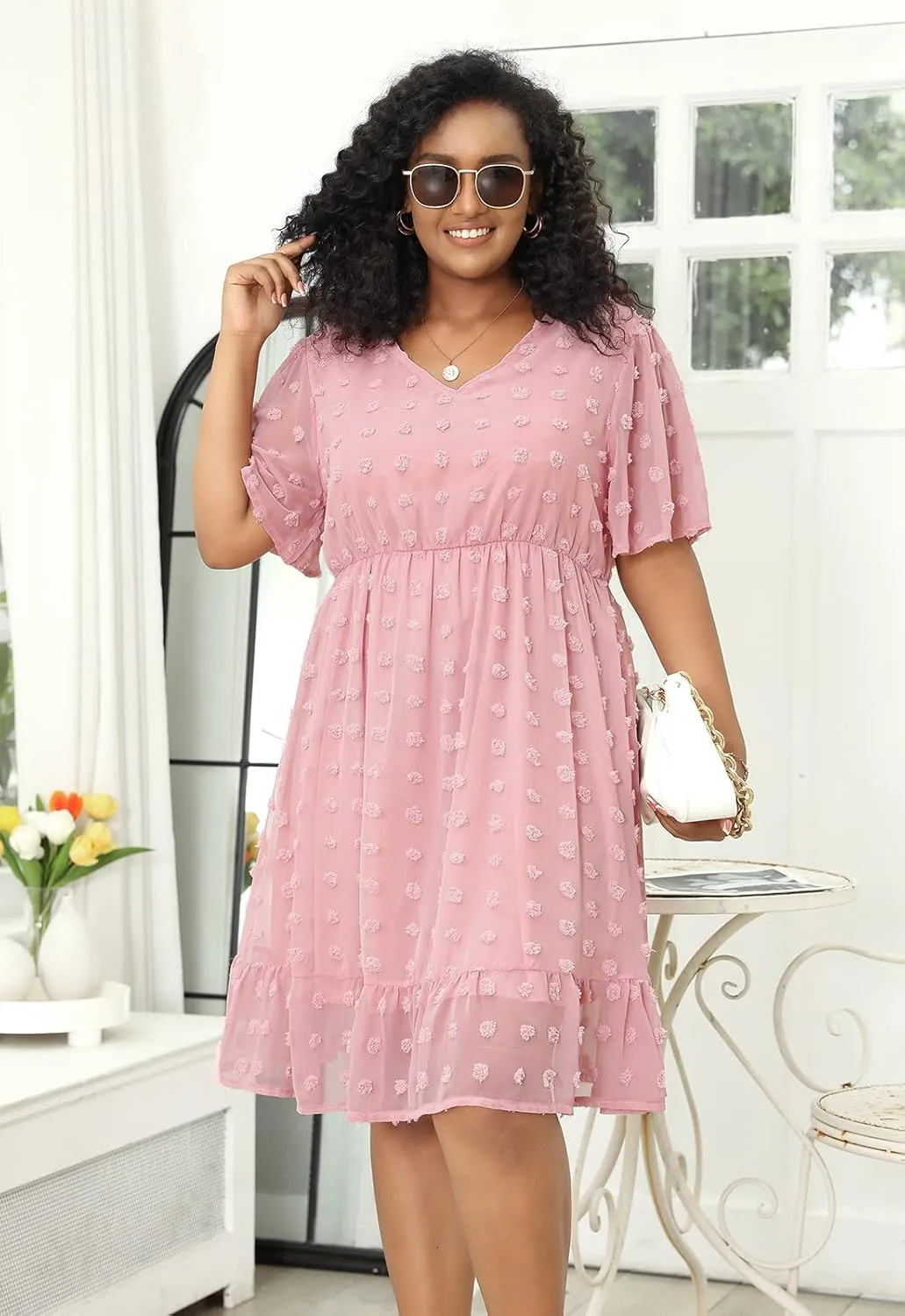 Keluummi Plus Size Wedding Guest Casual Midi Dresses for Curvy Women, Summer Swiss Dot A Line Dress