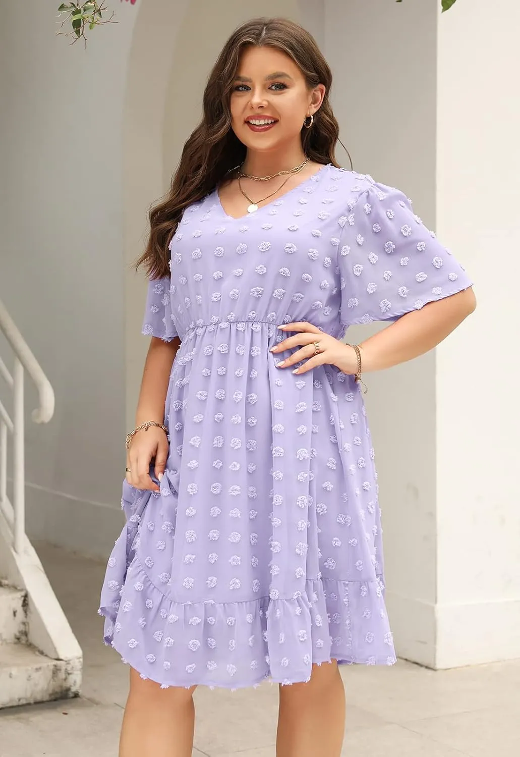Keluummi Plus Size Wedding Guest Casual Midi Dresses for Curvy Women, Summer Swiss Dot A Line Dress