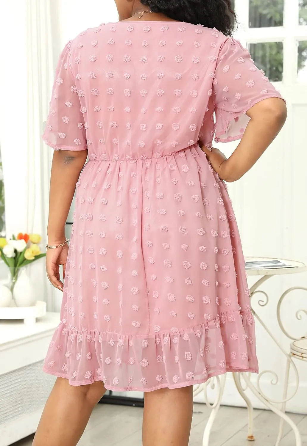 Keluummi Plus Size Wedding Guest Casual Midi Dresses for Curvy Women, Summer Swiss Dot A Line Dress