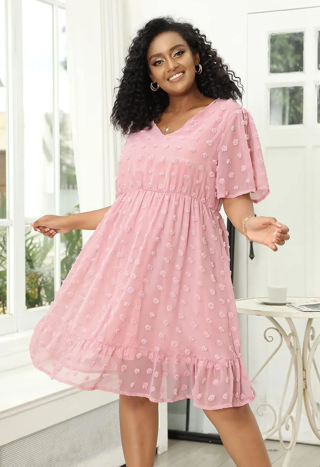 Keluummi Plus Size Wedding Guest Casual Midi Dresses for Curvy Women, Summer Swiss Dot A Line Dress