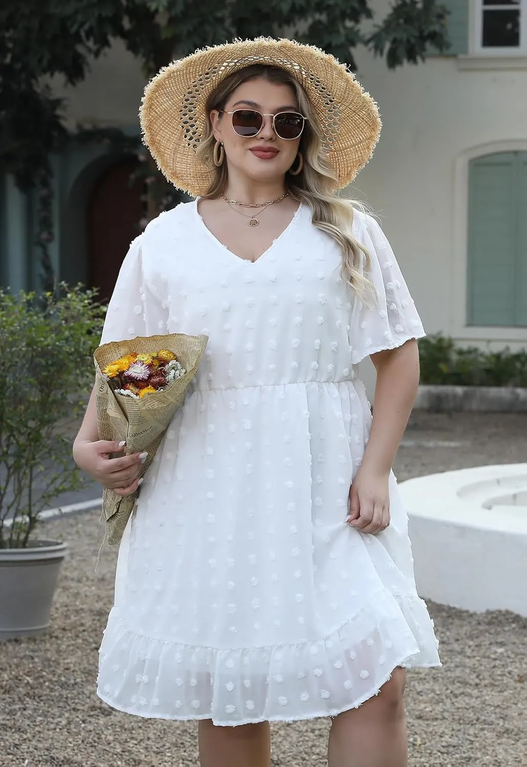 Keluummi Plus Size Wedding Guest Casual Midi Dresses for Curvy Women, Summer Swiss Dot A Line Dress