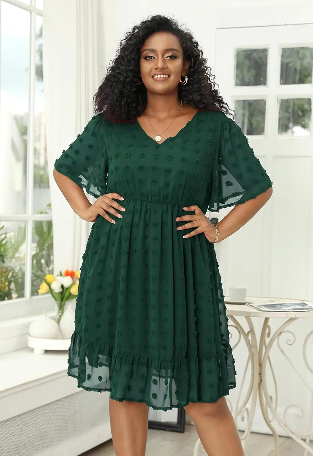 Keluummi Plus Size Wedding Guest Casual Midi Dresses for Curvy Women, Summer Swiss Dot A Line Dress