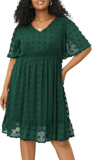Keluummi Plus Size Wedding Guest Casual Midi Dresses for Curvy Women, Summer Swiss Dot A Line Dress