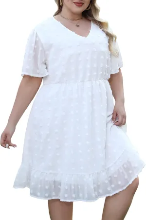 Keluummi Plus Size Wedding Guest Casual Midi Dresses for Curvy Women, Summer Swiss Dot A Line Dress