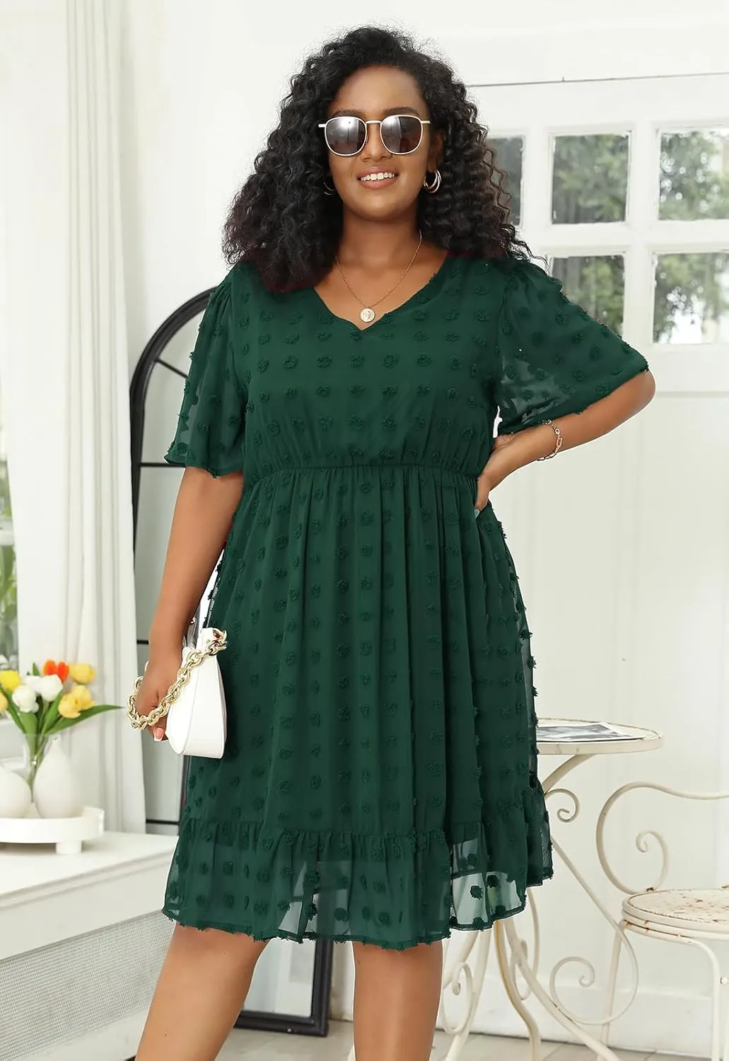Keluummi Plus Size Wedding Guest Casual Midi Dresses for Curvy Women, Summer Swiss Dot A Line Dress