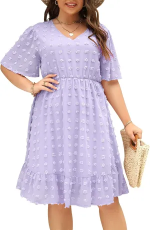 Keluummi Plus Size Wedding Guest Casual Midi Dresses for Curvy Women, Summer Swiss Dot A Line Dress