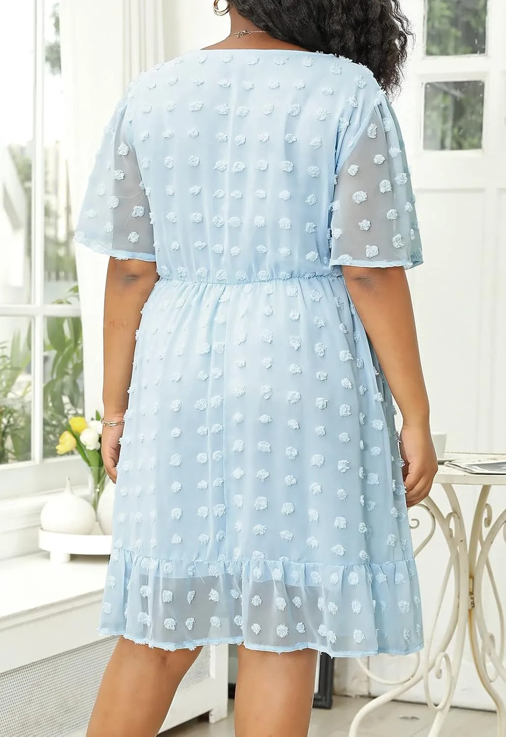 Keluummi Plus Size Wedding Guest Casual Midi Dresses for Curvy Women, Summer Swiss Dot A Line Dress