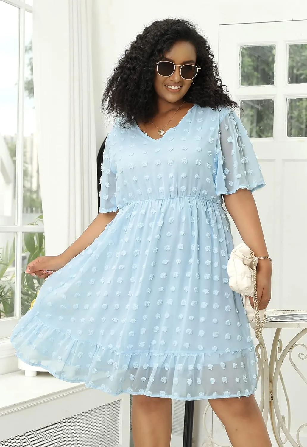 Keluummi Plus Size Wedding Guest Casual Midi Dresses for Curvy Women, Summer Swiss Dot A Line Dress