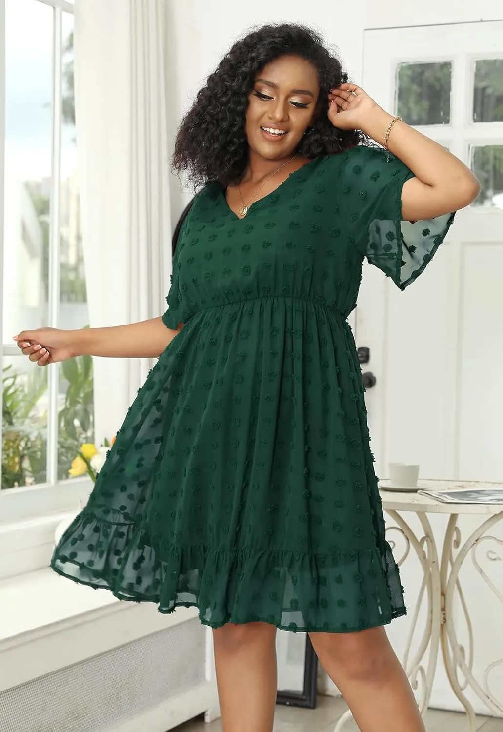 Keluummi Plus Size Wedding Guest Casual Midi Dresses for Curvy Women, Summer Swiss Dot A Line Dress