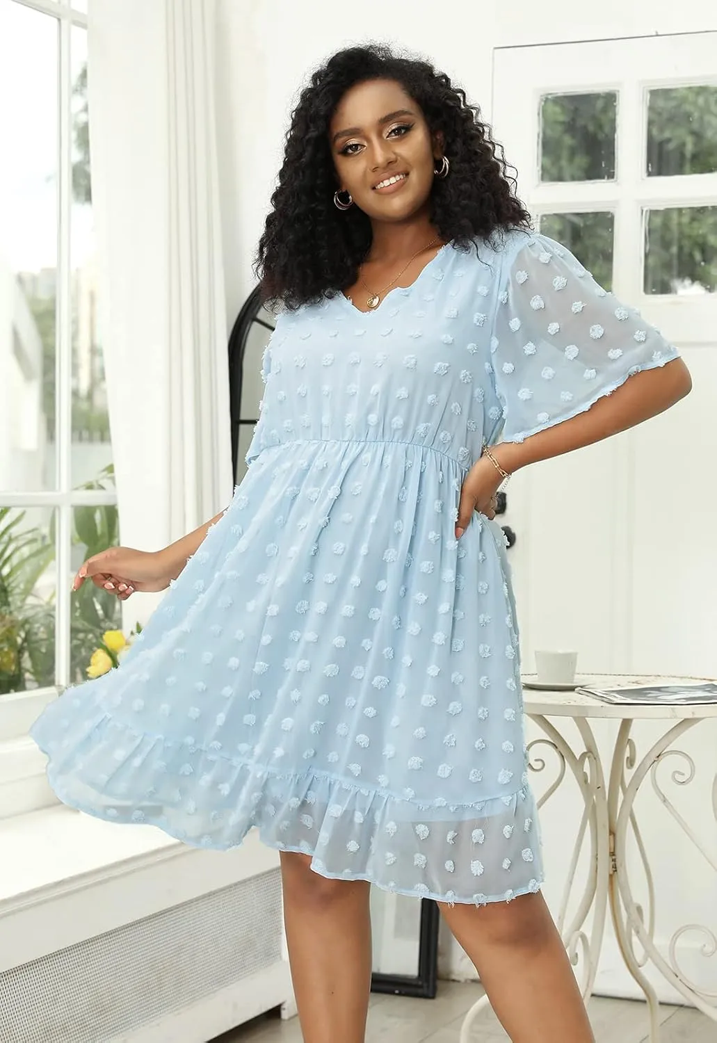 Keluummi Plus Size Wedding Guest Casual Midi Dresses for Curvy Women, Summer Swiss Dot A Line Dress