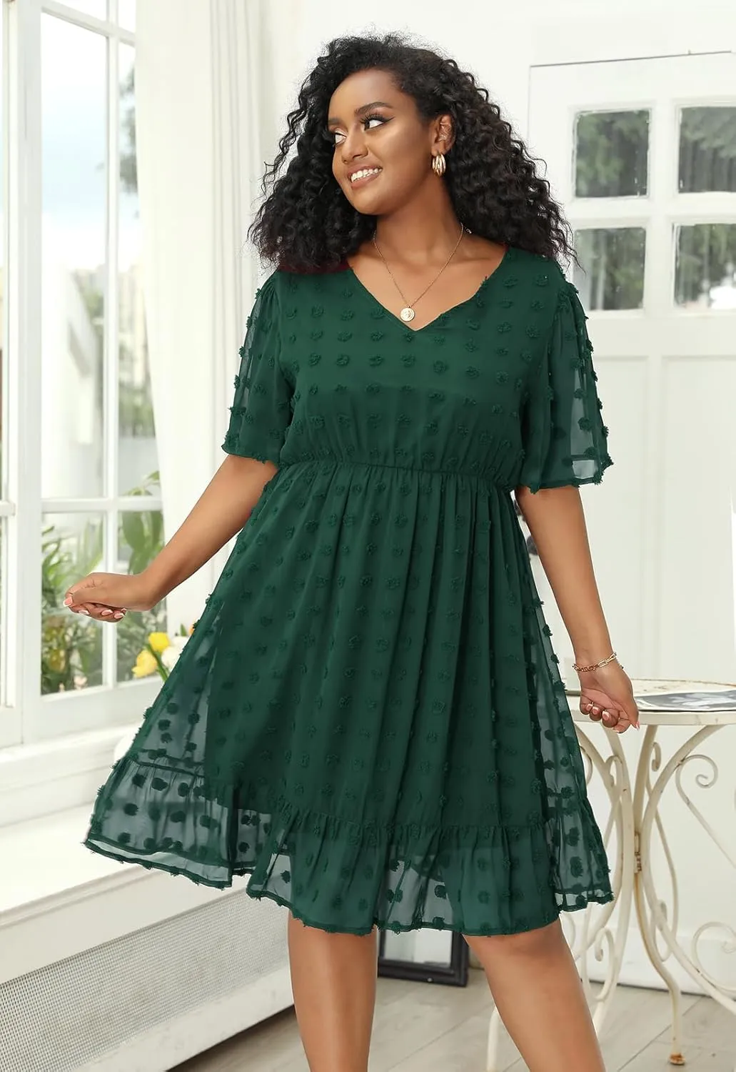 Keluummi Plus Size Wedding Guest Casual Midi Dresses for Curvy Women, Summer Swiss Dot A Line Dress