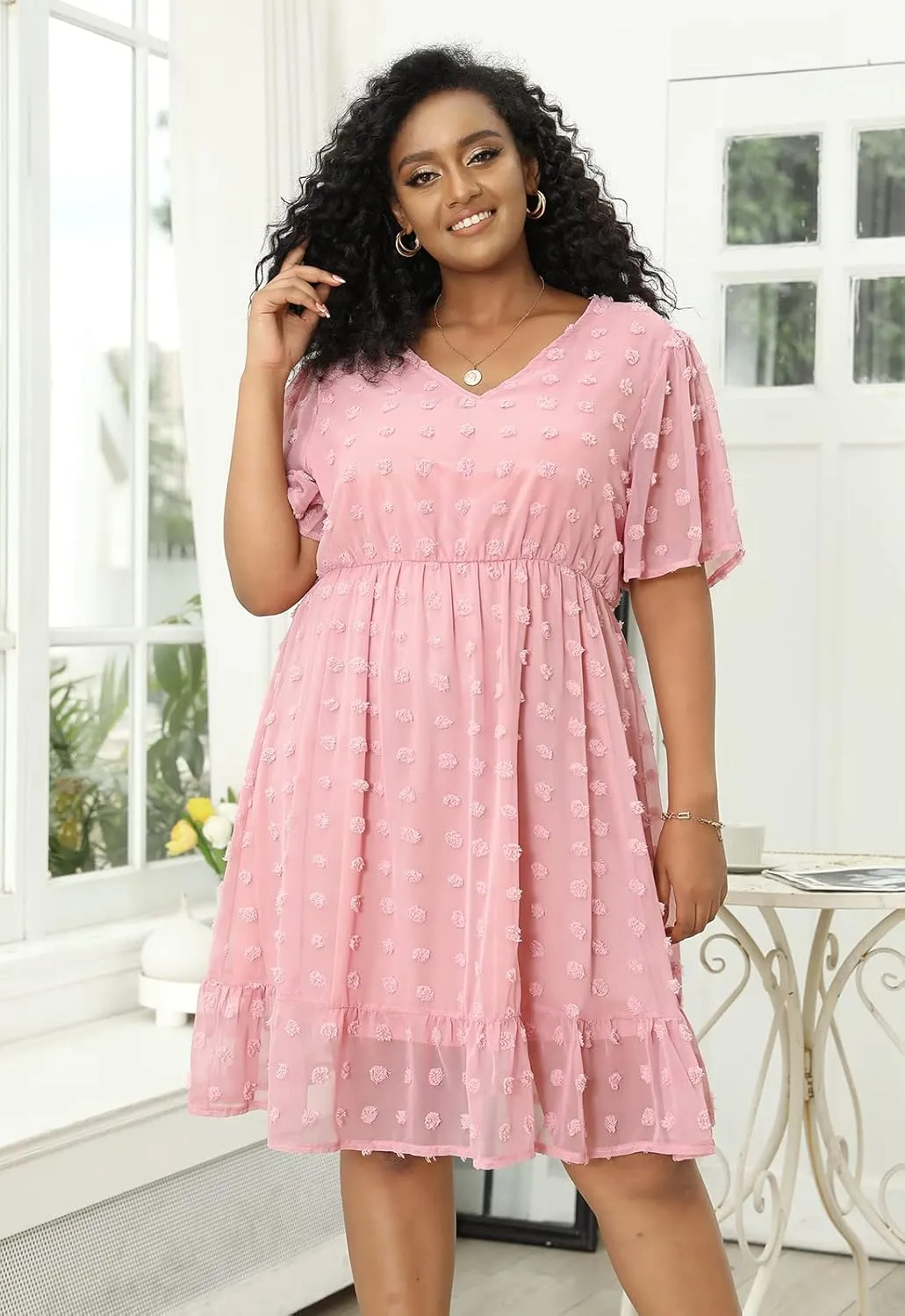 Keluummi Plus Size Wedding Guest Casual Midi Dresses for Curvy Women, Summer Swiss Dot A Line Dress