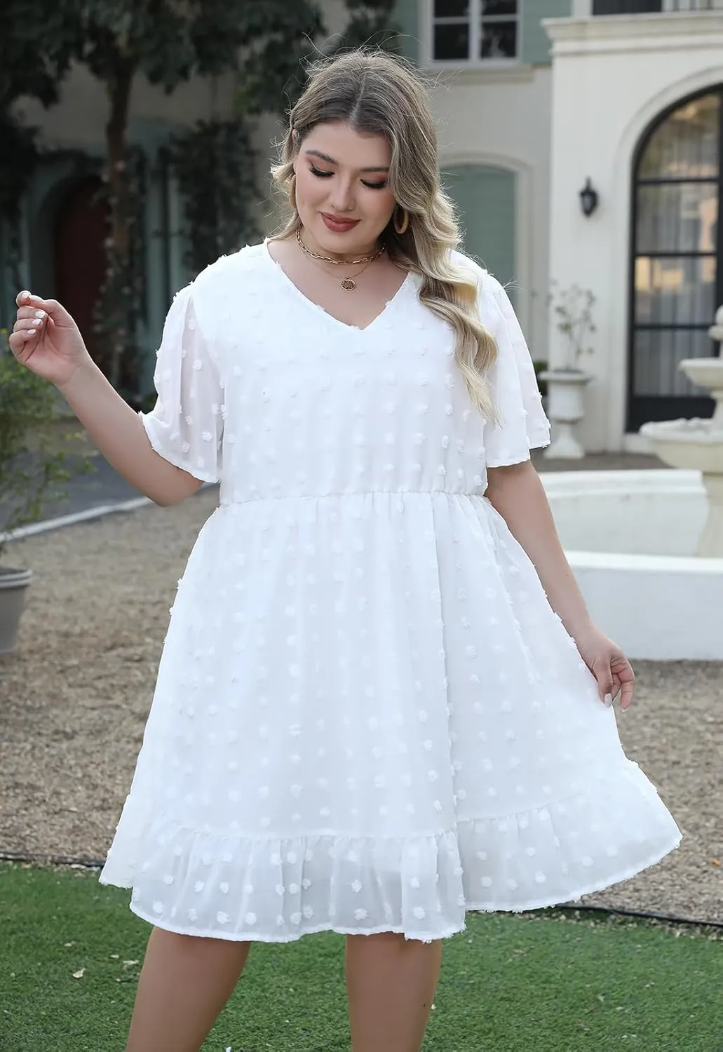 Keluummi Plus Size Wedding Guest Casual Midi Dresses for Curvy Women, Summer Swiss Dot A Line Dress