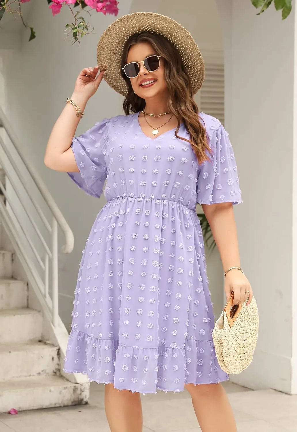Keluummi Plus Size Wedding Guest Casual Midi Dresses for Curvy Women, Summer Swiss Dot A Line Dress