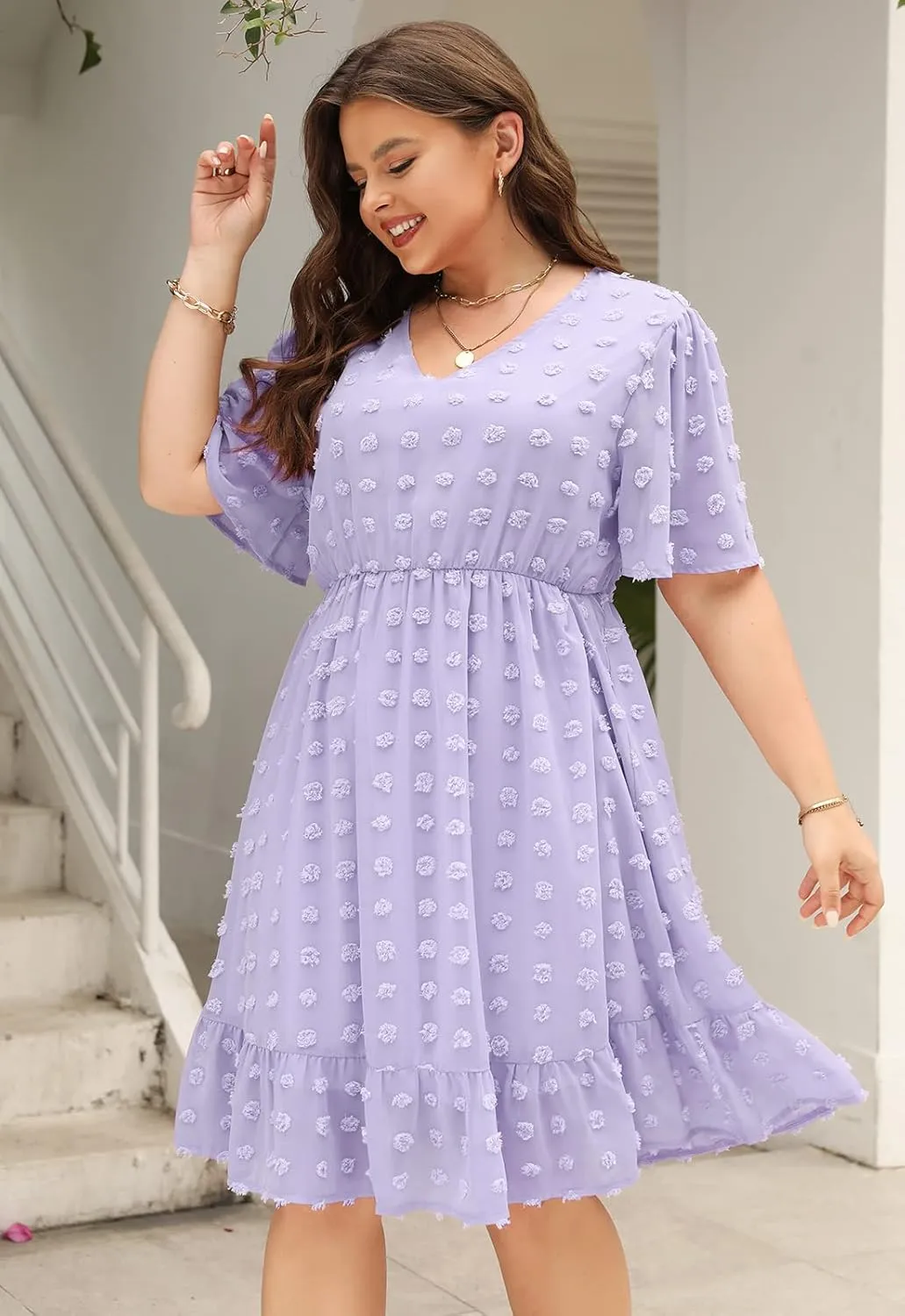 Keluummi Plus Size Wedding Guest Casual Midi Dresses for Curvy Women, Summer Swiss Dot A Line Dress