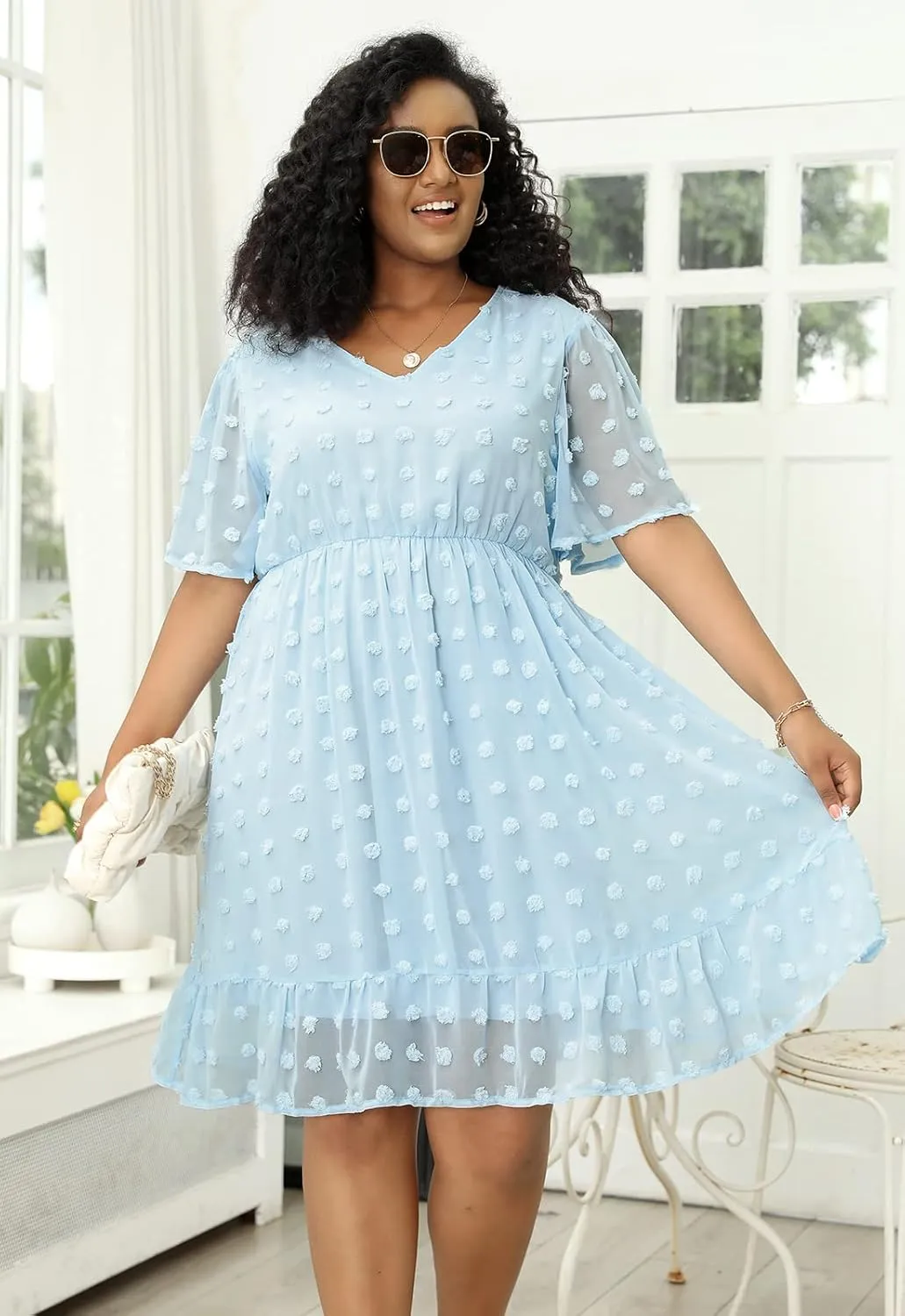 Keluummi Plus Size Wedding Guest Casual Midi Dresses for Curvy Women, Summer Swiss Dot A Line Dress