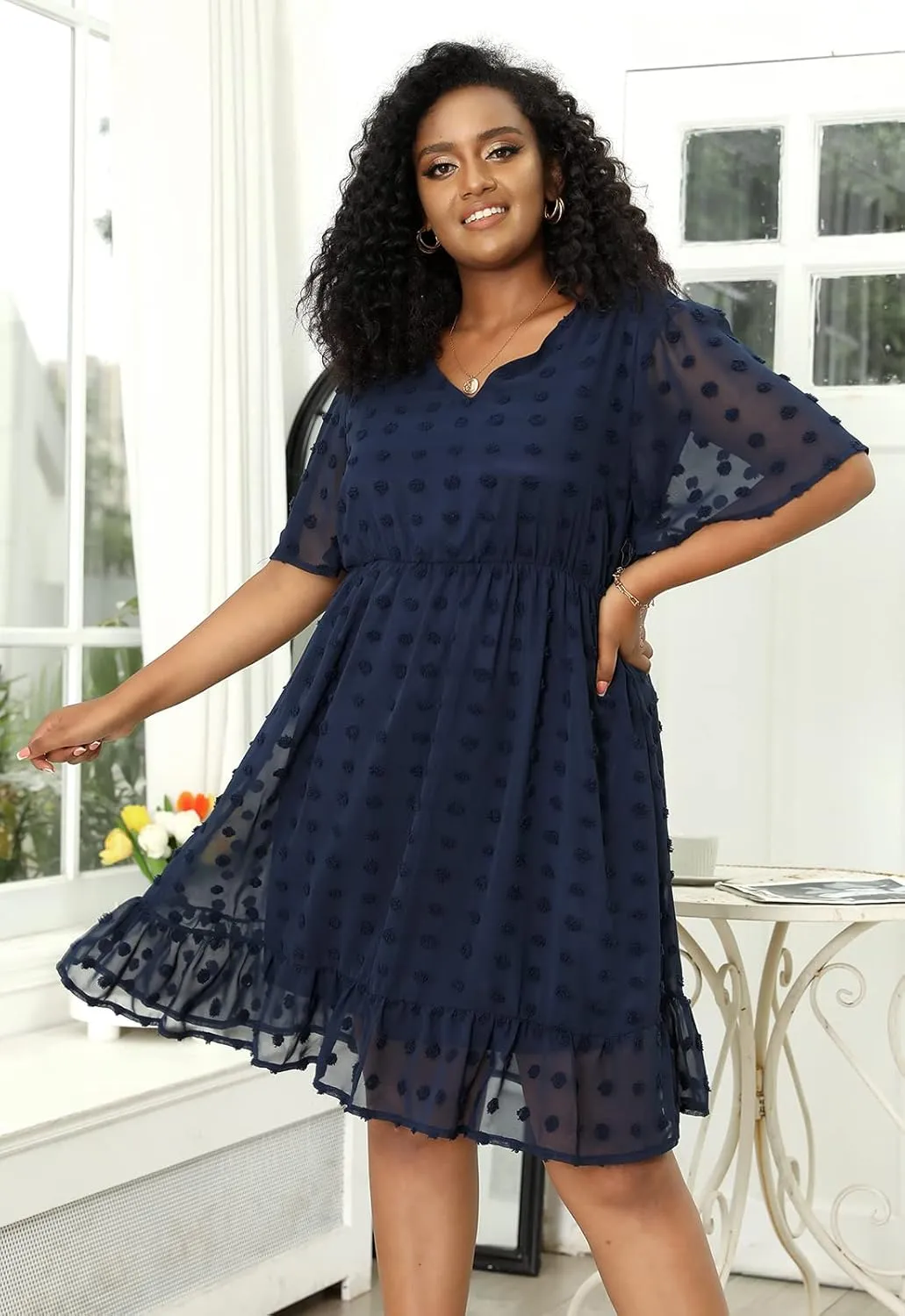 Keluummi Plus Size Wedding Guest Midi Dresses for Curvy Women, Summer Swiss Dot Dress