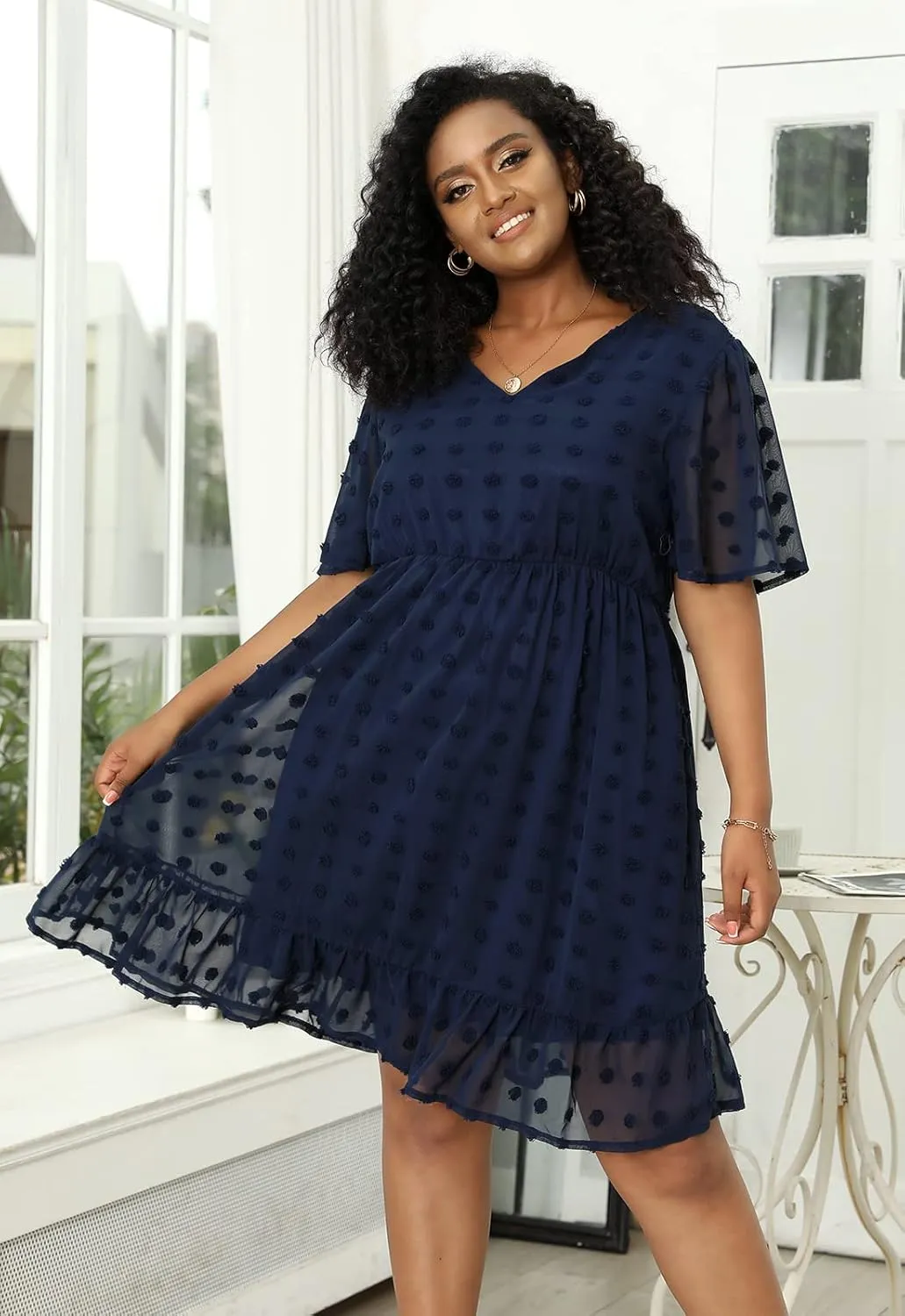 Keluummi Plus Size Wedding Guest Midi Dresses for Curvy Women, Summer Swiss Dot Dress