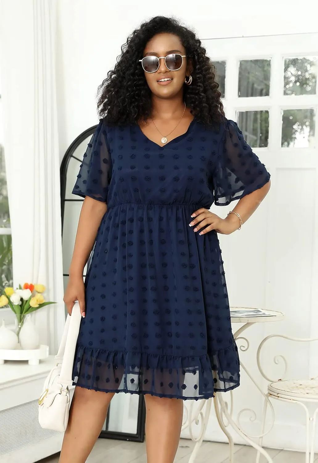Keluummi Plus Size Wedding Guest Midi Dresses for Curvy Women, Summer Swiss Dot Dress