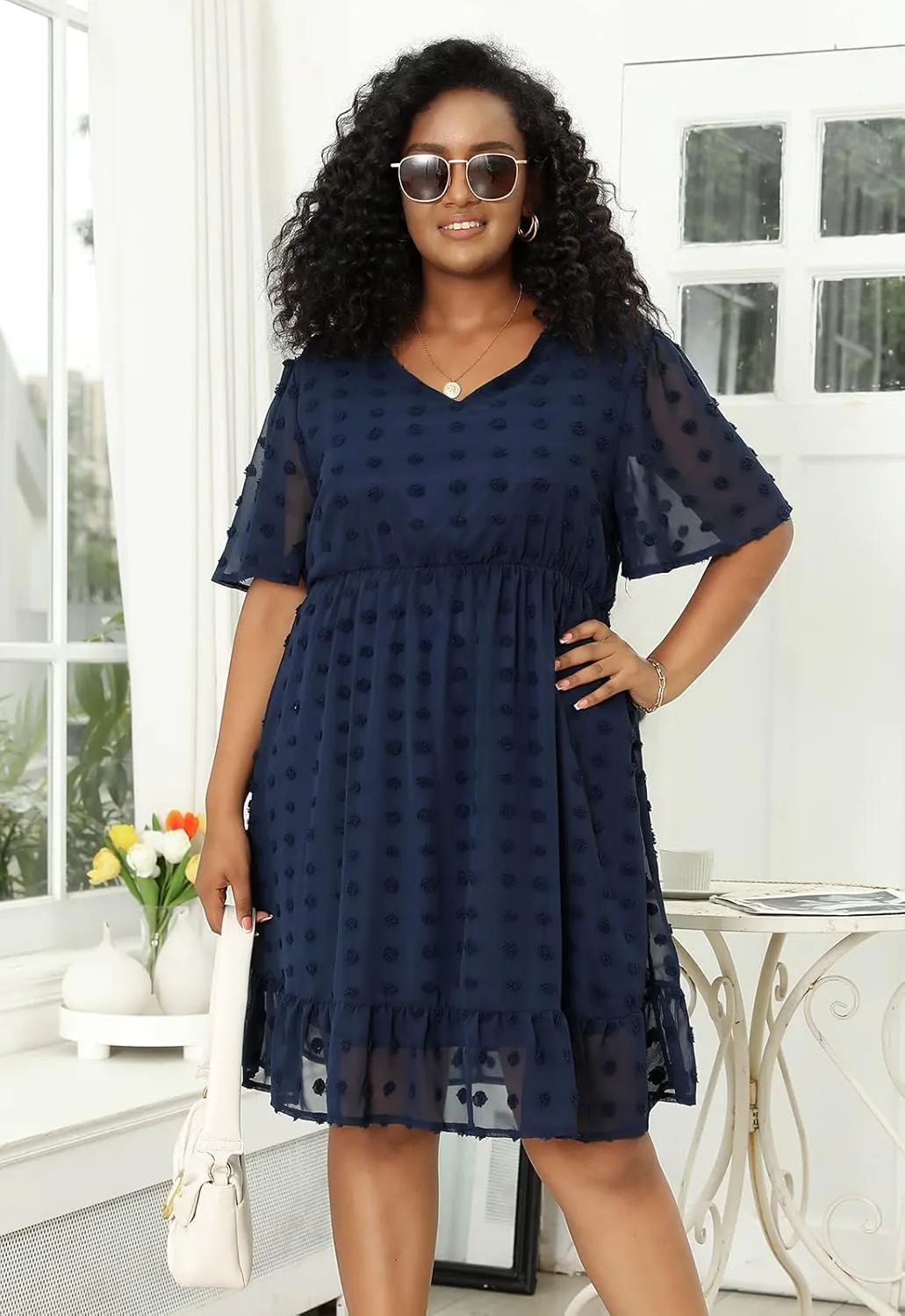 Keluummi Plus Size Wedding Guest Midi Dresses for Curvy Women, Summer Swiss Dot Dress