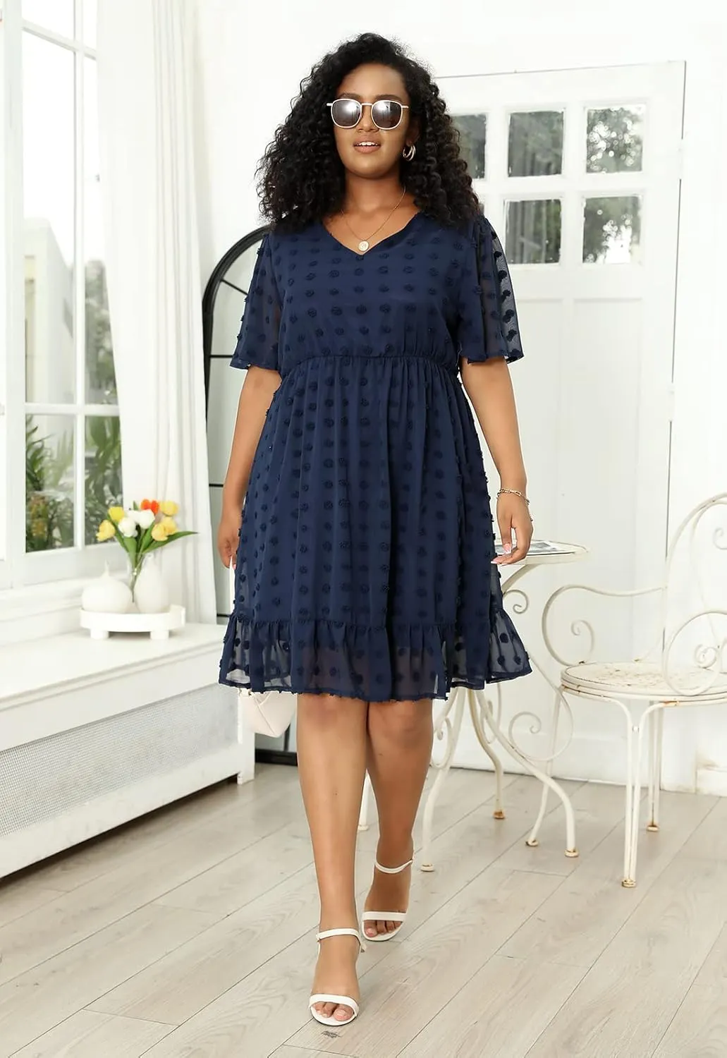 Keluummi Plus Size Wedding Guest Midi Dresses for Curvy Women, Summer Swiss Dot Dress