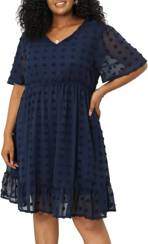 Keluummi Plus Size Wedding Guest Midi Dresses for Curvy Women, Summer Swiss Dot Dress