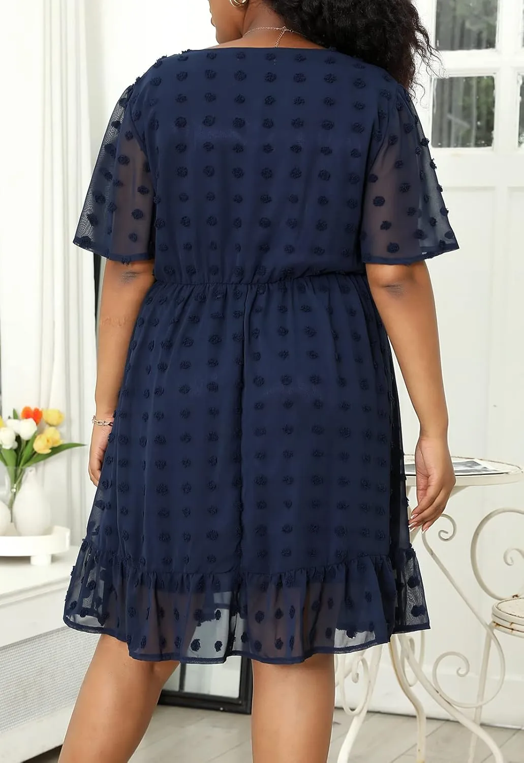 Keluummi Plus Size Wedding Guest Midi Dresses for Curvy Women, Summer Swiss Dot Dress