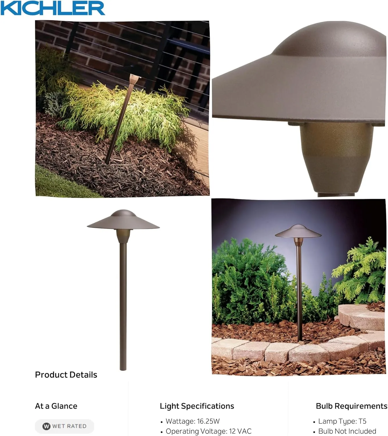 Kicher Landscape Path Lighting Fixture 15310AZT, 16.25 W,12 Volt,8.25" W x 21" H x 8.25" L, T5 Wedge Architectural Bronze,Sidewalks,Pathways,Lawn,Condo,Hotel,Home,Corporate (6 Pack)