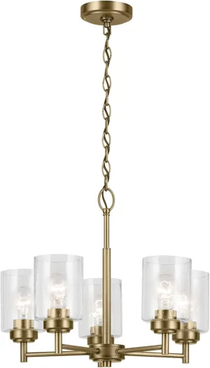 KICHLER Winslow 16.25" 5-Light Chandelier with Clear Seeded Glass in Natural Brass for Kitchen or Dining Area, Luxe Industrial (16.25" x 19.75"), 44030NBR