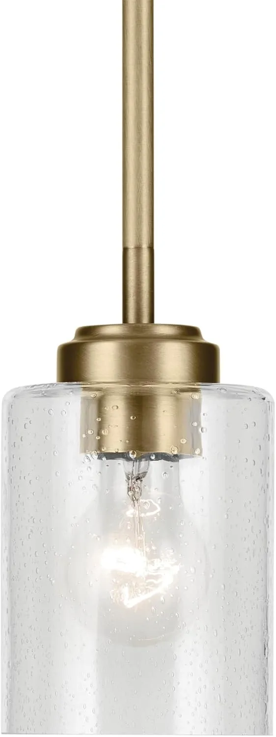 KICHLER Winslow 7.5" 1-Light Mini Pendant Light with Clear Seeded Glass in Natural Brass for Kitchen, Bar, Laundry Sink, Bar Island (7.5" x 4.25"), 44032NBR
