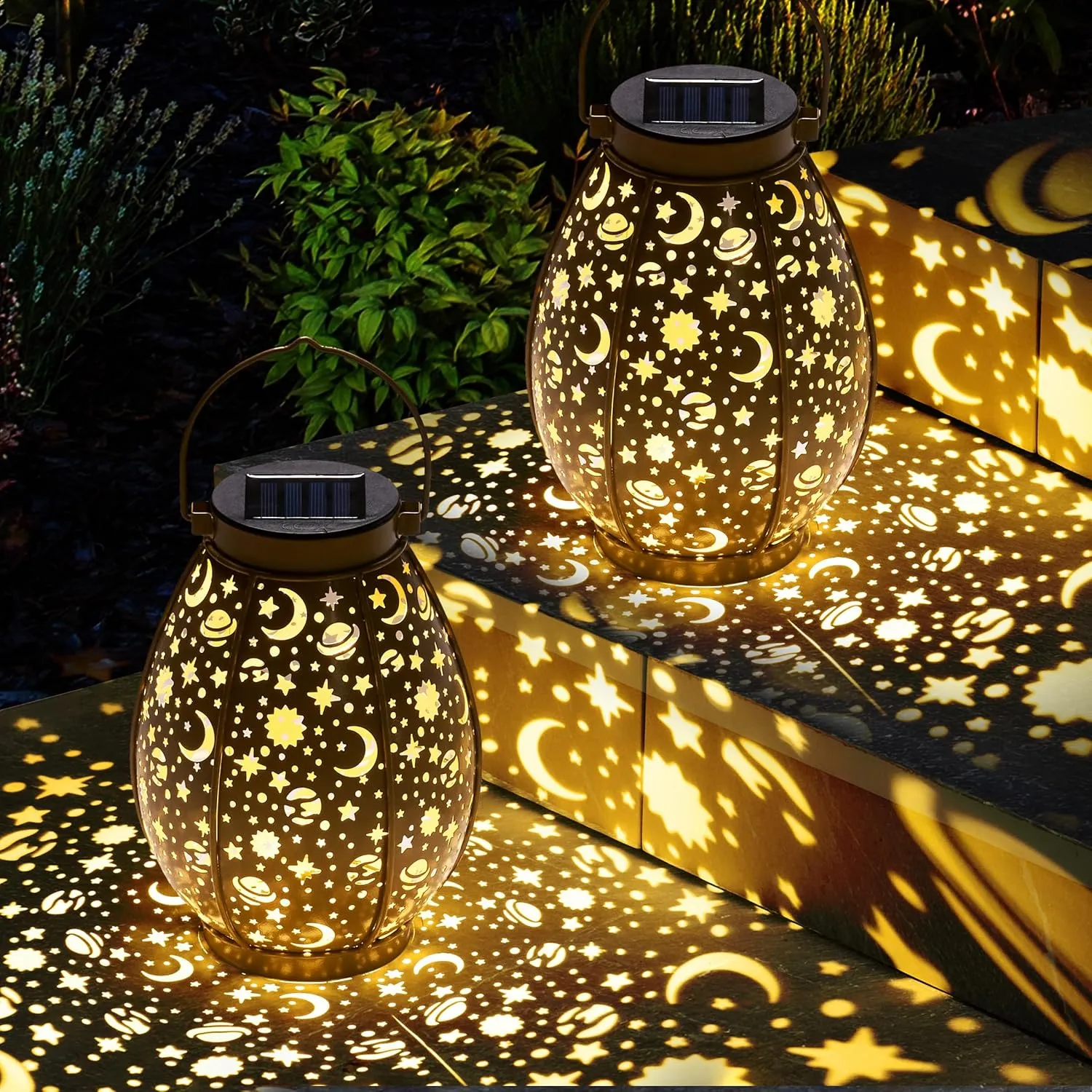 Kingsyard 2 Pack Solar Lanterns Outdoor Waterproof Hanging, Birthday Gifts for Women Mom Grandma, LED Retro Starry Hollowed-Out Metal Garden Decor Light for Patio Porch Pathway Landscape - Bronze