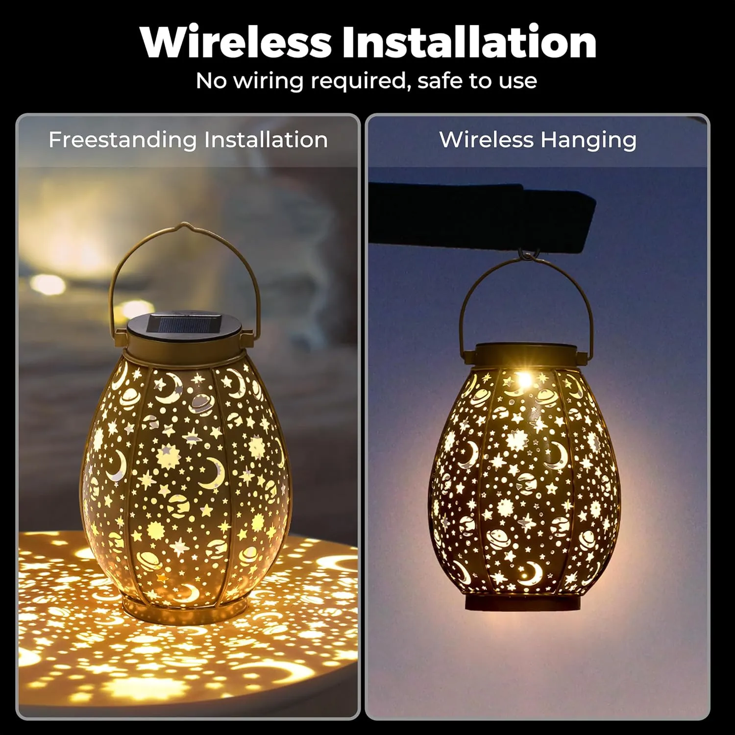 Kingsyard 2 Pack Solar Lanterns Outdoor Waterproof Hanging, Birthday Gifts for Women Mom Grandma, LED Retro Starry Hollowed-Out Metal Garden Decor Light for Patio Porch Pathway Landscape - Bronze