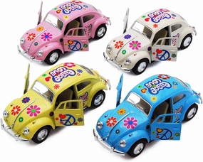 KiNSMART - 1967 Volkswagen Classic Beetle 5 Inch 1:32 Scale Die Cast Metal Model Toy Set Of 4 w/ Peace Love Decals