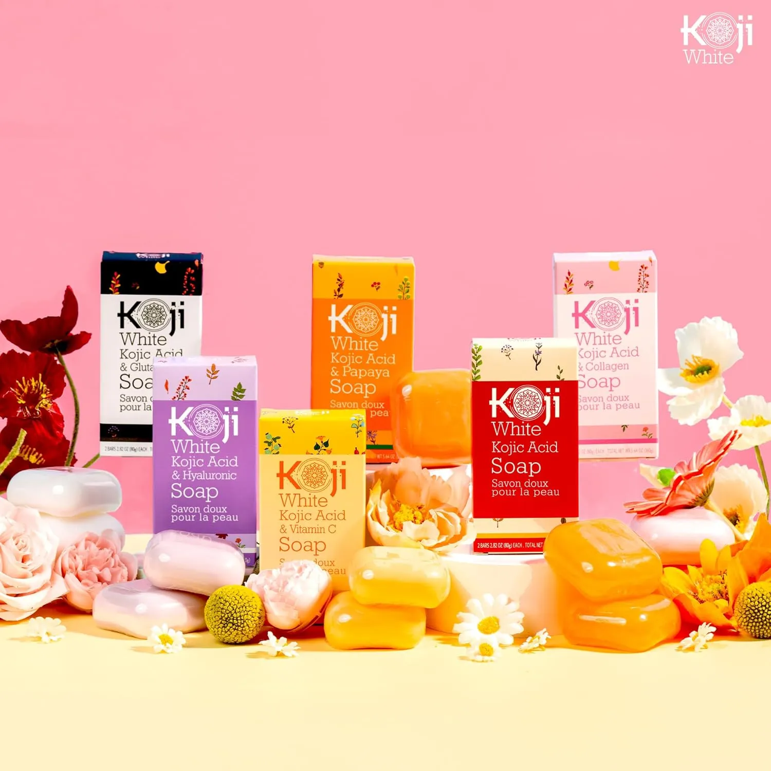Koji White Kojic Acid & Collagen Skin Brightening Soap for Face & Natural Glowing Skin - Moisturizer, Body Cleansing Bar, Reduce the Appearance of Wrinkles, Vegan, Paraben-Free, 2.82 oz (2 Bars)