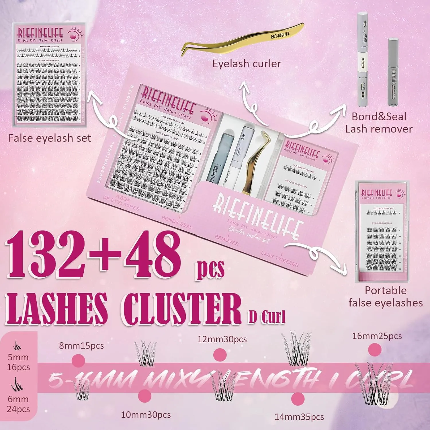 Lash Clusters Kit - 8-18mm Korean DIY Eyelash Extensions, Waterproof & Hypoallergenic | Salon-Worthy 150-Hour Wear | Includes Glue, Remover, Tweezers (Beginner Friendly) (Black-Natural)