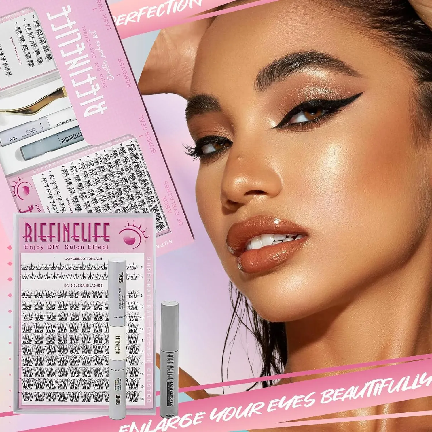 Lash Clusters Kit - 8-18mm Korean DIY Eyelash Extensions, Waterproof & Hypoallergenic | Salon-Worthy 150-Hour Wear | Includes Glue, Remover, Tweezers (Beginner Friendly) (Black-Natural)