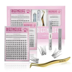 Lash Clusters Kit - 8-18mm Korean DIY Eyelash Extensions, Waterproof & Hypoallergenic | Salon-Worthy 150-Hour Wear | Includes Glue, Remover, Tweezers (Beginner Friendly) (Black-Natural)