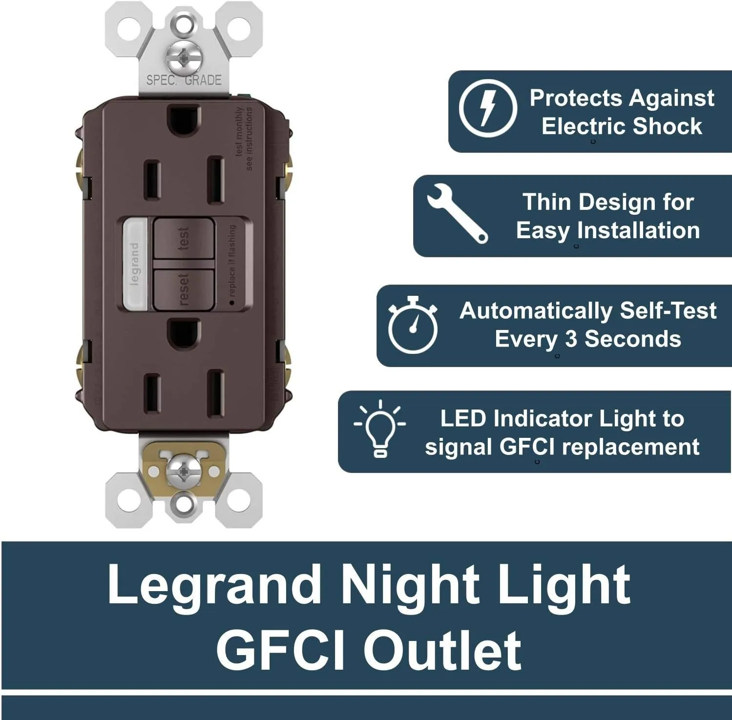 Legrand radiant 1597NTLTRDBCC4 15 Amp Night Light GFCI Self Test Tamper-Resistant Decorator Duplex Outlet with Cool Touch LED, Dark Bronze (1 Count)
