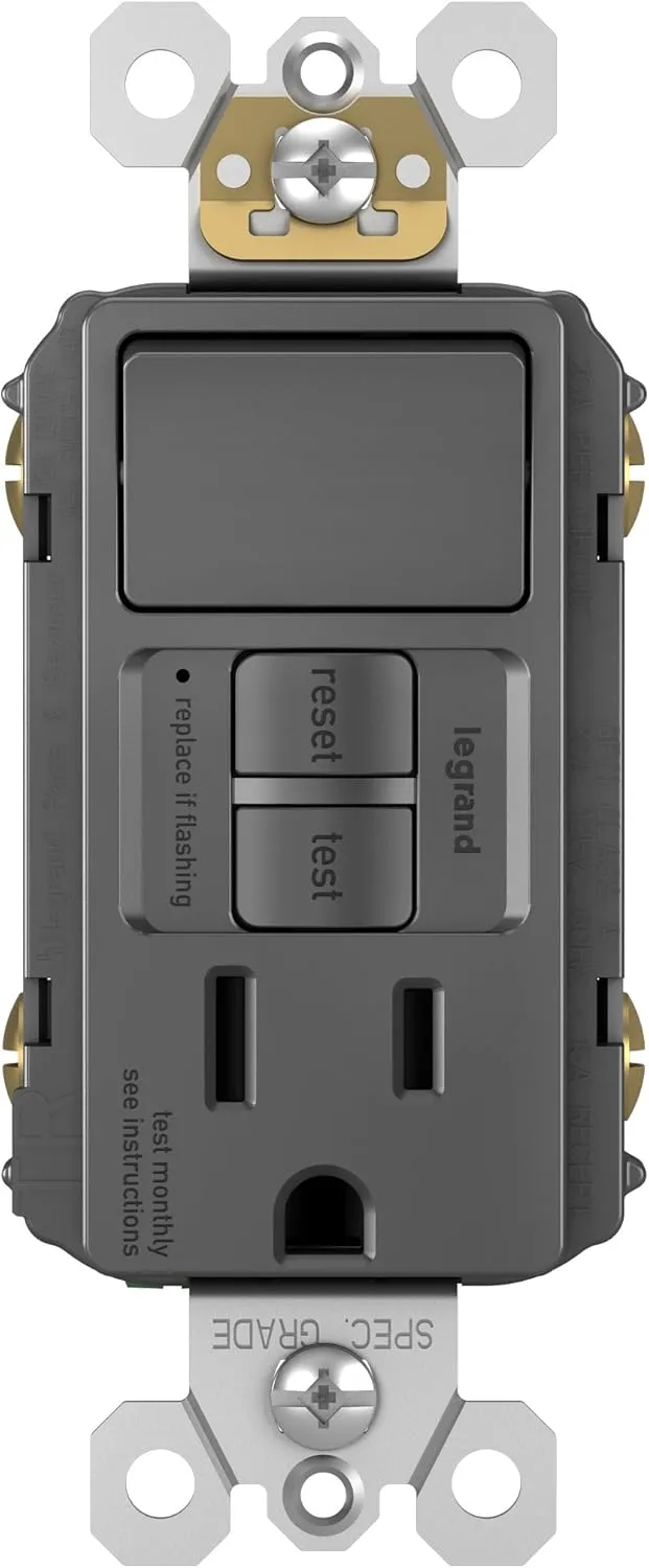 Legrand radiant 1597SWTTRBKCCD4 15 Amp Combination GFCI Self Test Tamper-Resistant Decorator Outlet with Single Pole Light Switch, Black (1 Count)