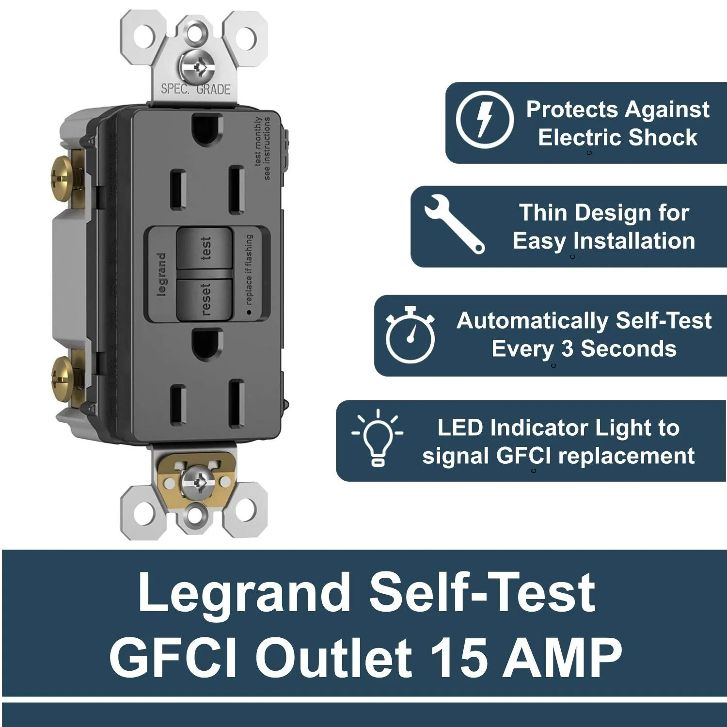 Legrand radiant 1597TRBKCCD4 15 Amp GFCI Self Test Tamper Resistant Decorator Duplex Outlet, Black (1 Count)