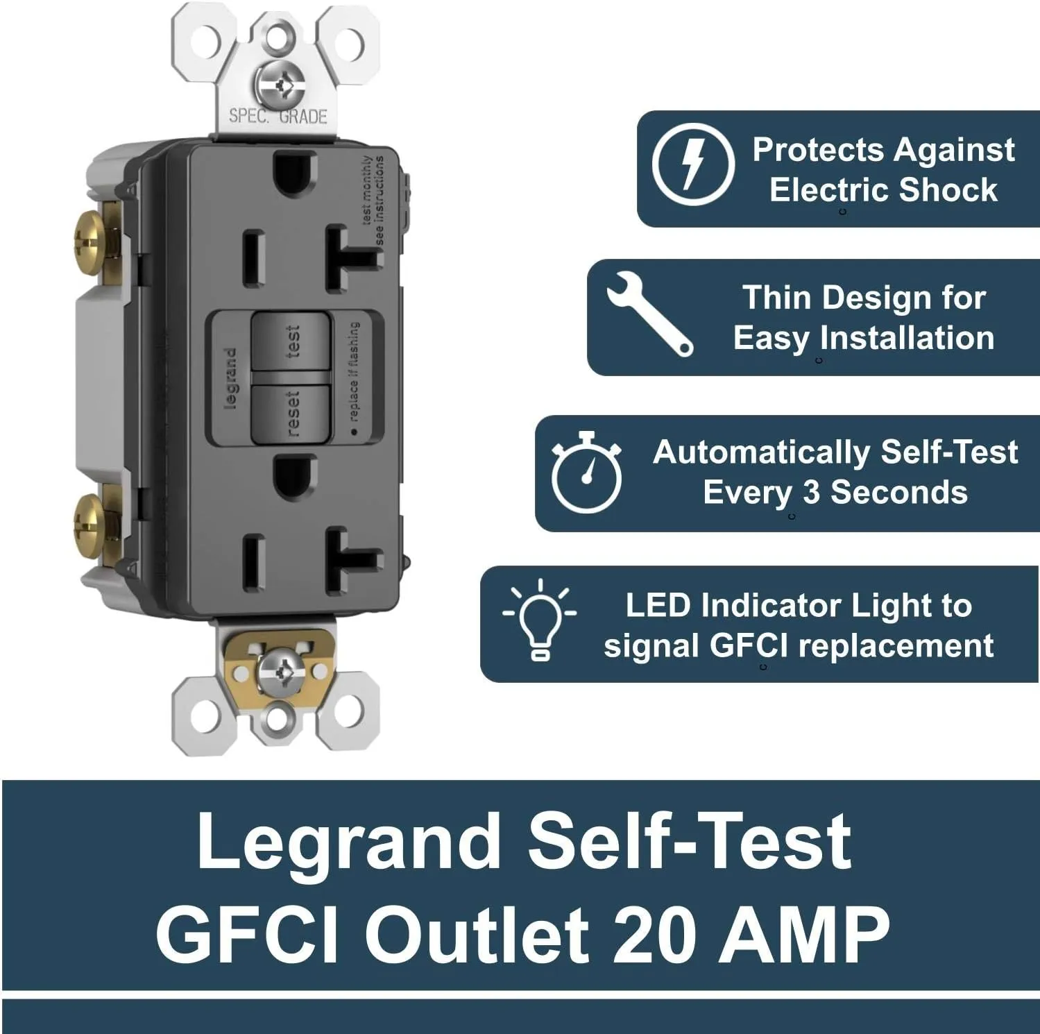 Legrand radiant 2097TRBKCCD4 20 Amp GFCI Self Test Tamper Resistant Decorator Duplex Outlet, Black (1 Count)