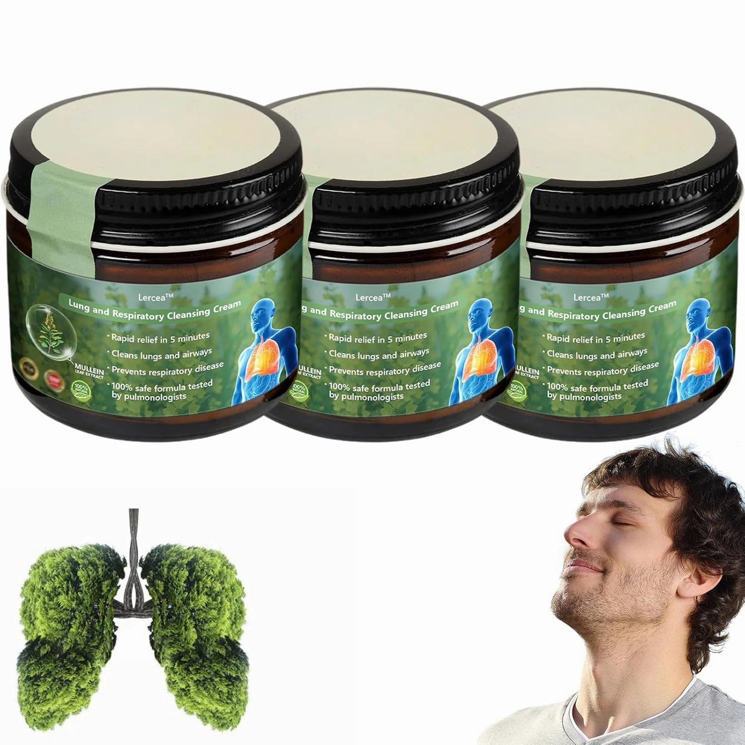 Lercea Mullein Clear Lung Repair Cream - Wellness Formula, Lercea Lung Cream Extra Strength, Herbal Clear Lung cream - Improve lung Health (3 Pack)