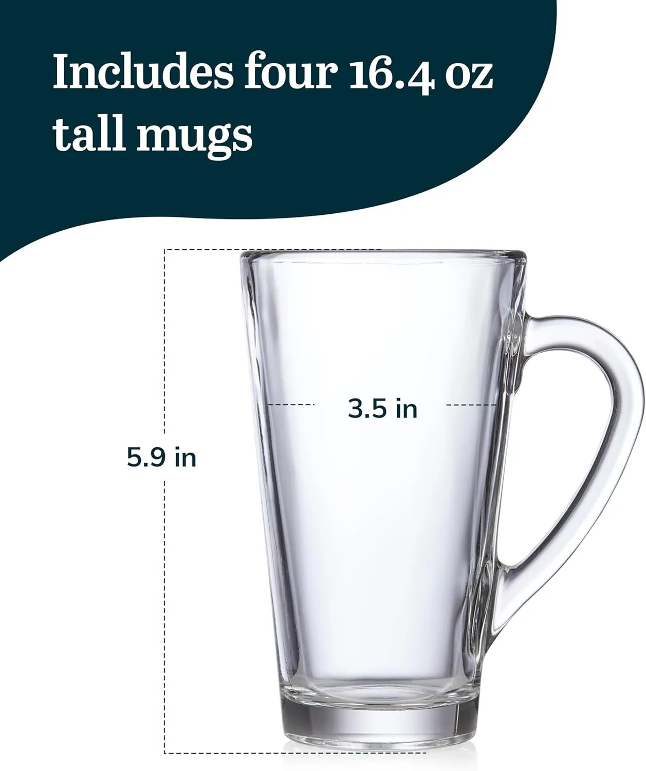 Libbey Cavana Extra Tall Mug - Classic Set 4 Tapered Shape Clear Coffee Mug, Dishwasher Safe Clear Glass Coffee Mugs for Warm Lattes, and More