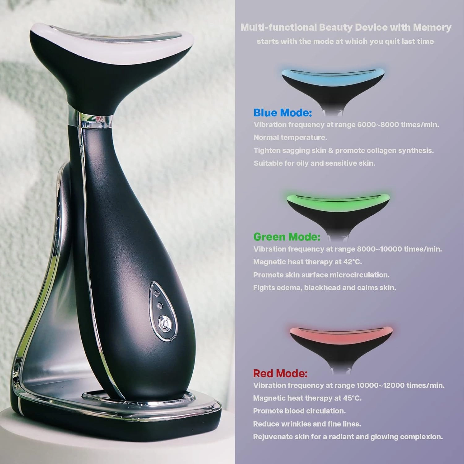 Lily Neck Face Massager, Face Sculpting Tool, Skin Rejuvenation Device with Thermal, Triple Action LED and Vibration, for Anti-Aging, Lifting and Tightening Sagging Skin (Frosted Black)