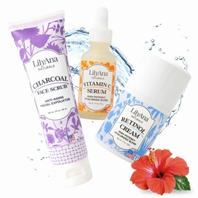 LilyAna Naturals Ageless Beauty Trio Skincare Set - Retinol Cream 1.7 oz, Charcoal Face Scrub 3 oz, Vitamin C Serum 1 oz - Anti Aging Wrinkle Cream for Face and Brightening Serum and Facial Scrub